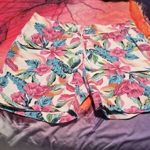 Tropical Floral Drawstring Bermuda Shorts in Pink & Blue